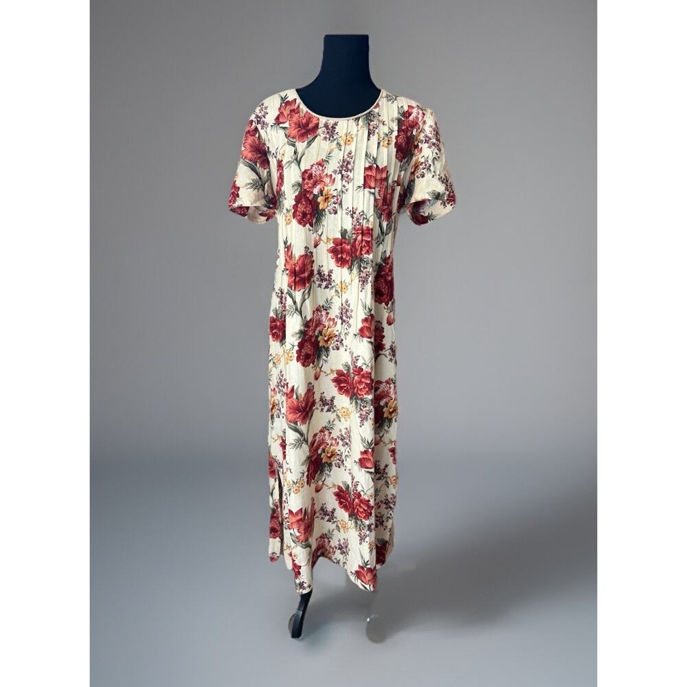 Jessica Howard 10 Yellow Red Floral Linen House Dress Modest Summer Ankle Length